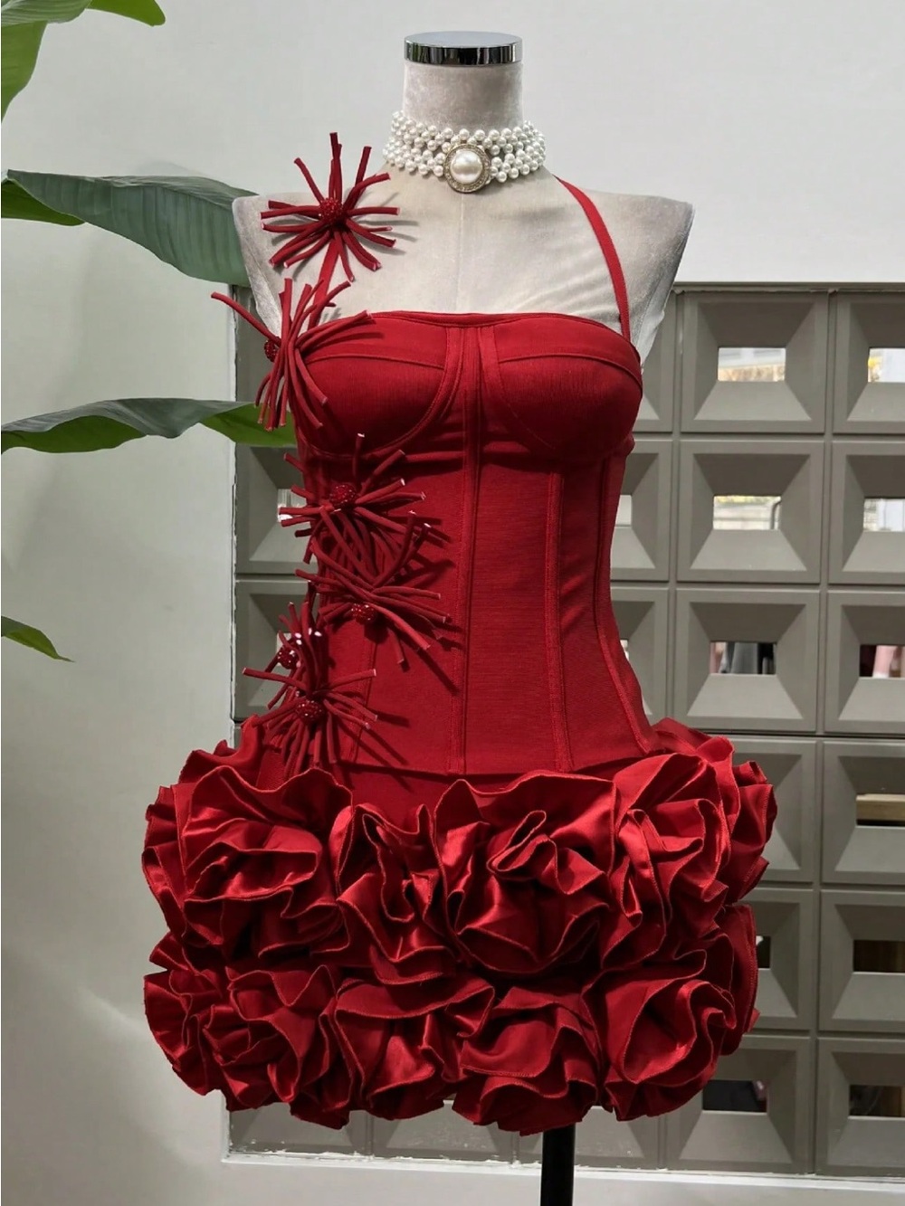 SHEIN Red Strapless Corset Mini Dress with Ruffle Skirt
